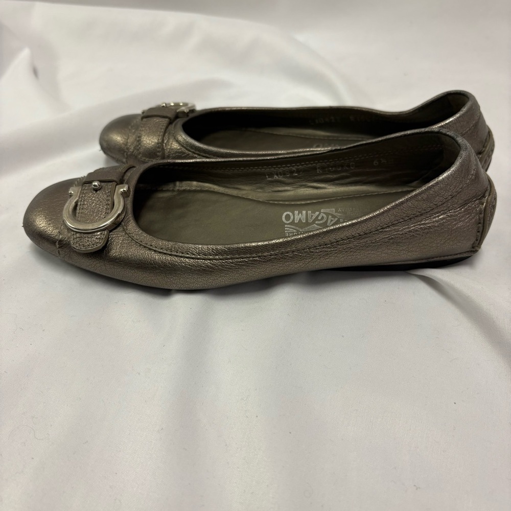 Salvatore Ferragamo Ballet Flats Metallic Bronze Leather US 6.5 Silver Buckle - Picture 5 of 14